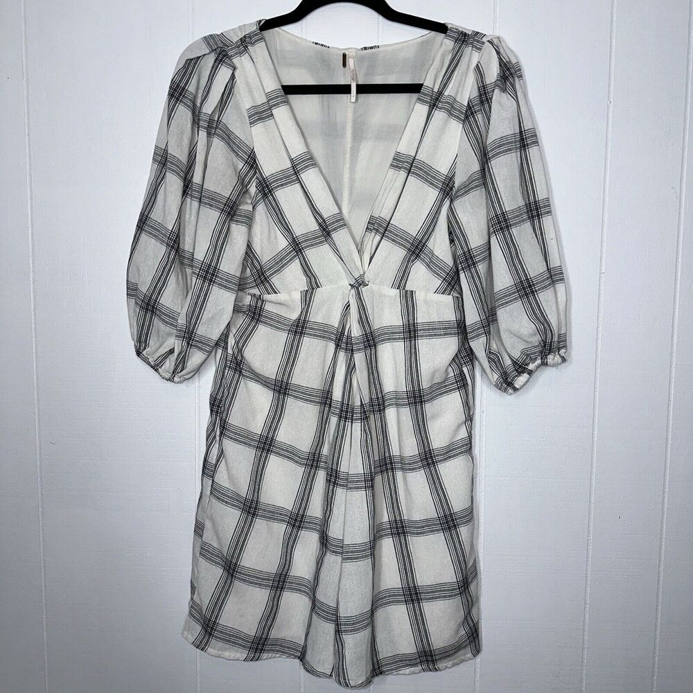 Free People Women’s Miss Molly Mini Dress Plaid Puff Sleeve White Size 6